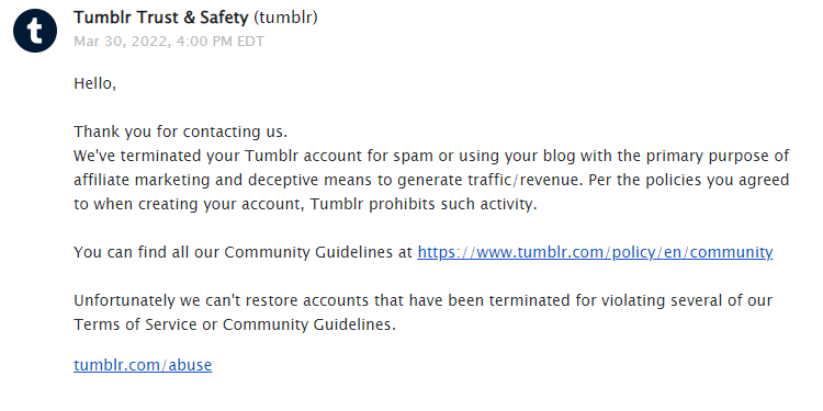 Tumblr support: account terminated for affiliate marketing
