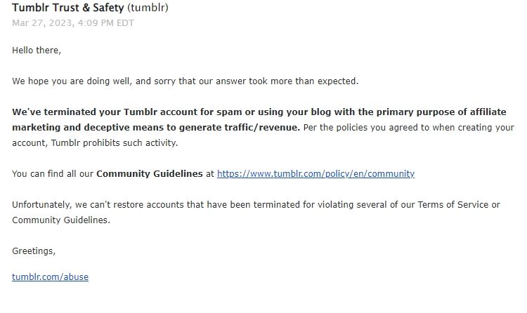 Tumblr support: account terminated for spam
