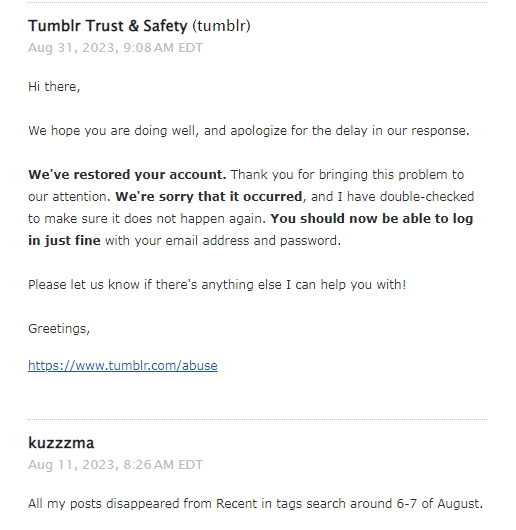 E-mail exchange with Tumblr about disappearance from overall tag search