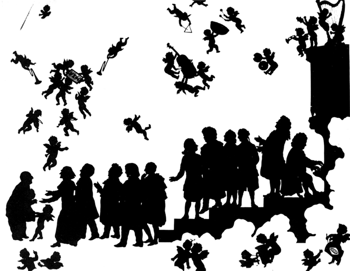 Anton Bruckner arrives in Heaven, silhouette drawing by Otto Böhler