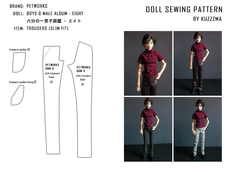 Petworks Boys and Male album (男子図鑑) sewing pattern: Eight slim-fit trousers.