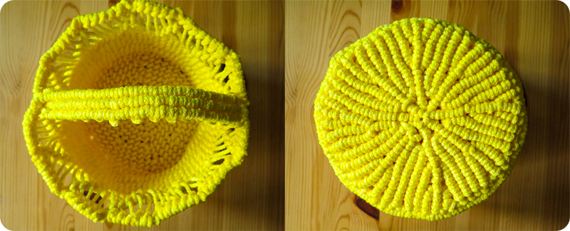 Yellow macrame basket (top and bottom view)
