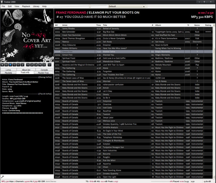 foobar2000 in early 2007 - no art and singles mode