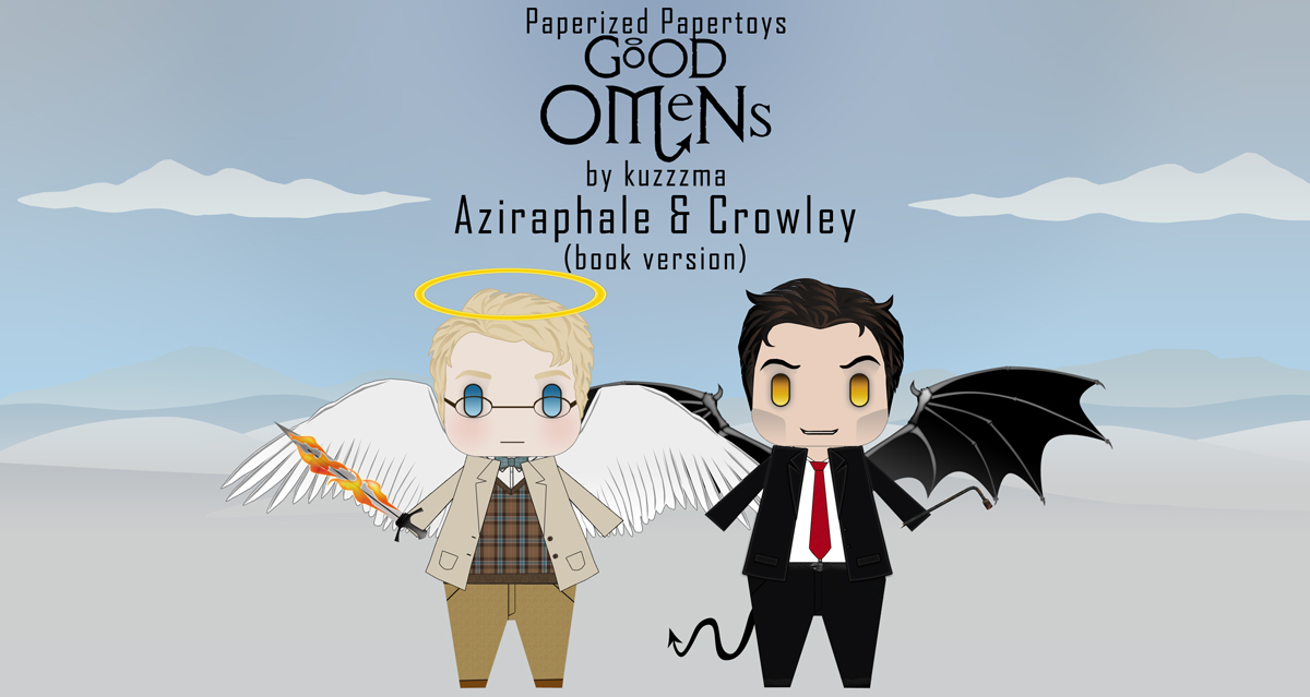 Good Omens papertoys of Crowley and Aziraphale (from Good Omens book)