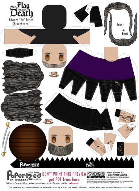 Preview of papercraft template Our Flag Means Death: Ed Teach aka Blackbeard (as played by Taika Waititi) papertoy