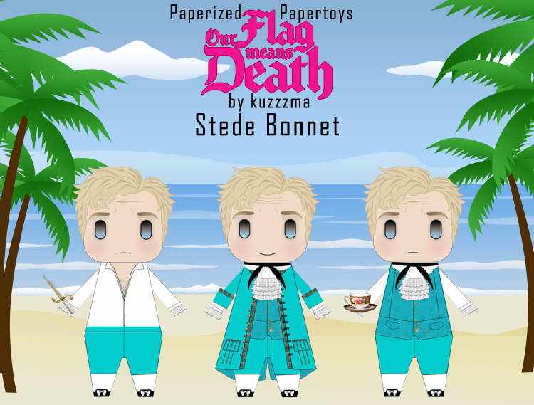 Our Flag Means Death papercraft: Stede Bonnet (as played by Rhys Darby) papertoy in teal costume